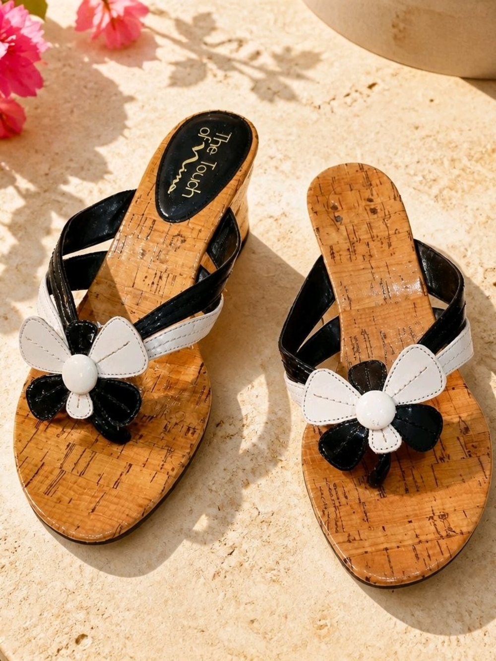 Touch of Nina Women's Black & White Floral Cork Wedge Sandals #714